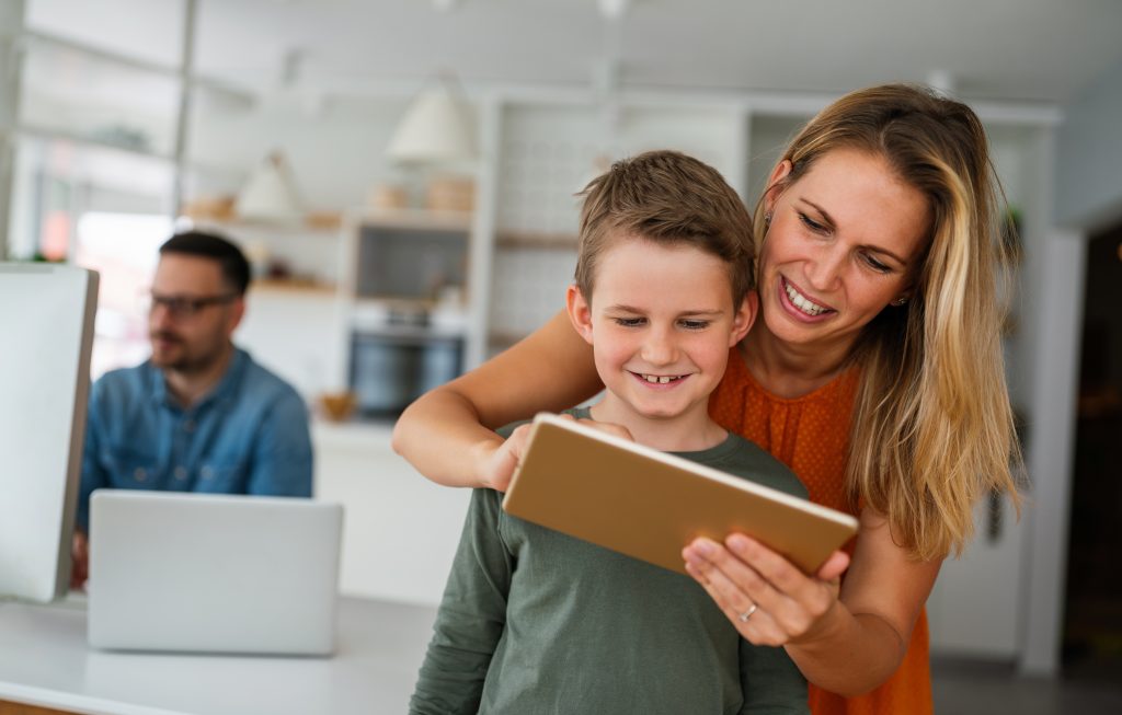 Distance Learning, Online, Mother Son on Tablet