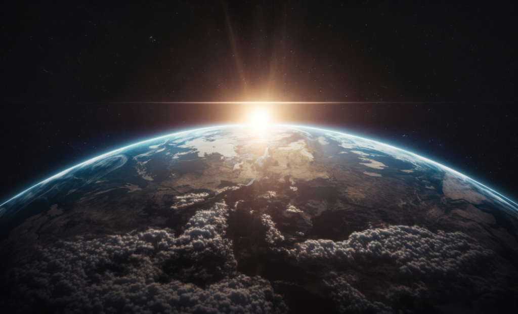 A view of Earth from space with the sun rising over the horizon. The planet is partially illuminated, revealing land masses and swirling clouds, set against the dark backdrop of space speckled with distant stars.