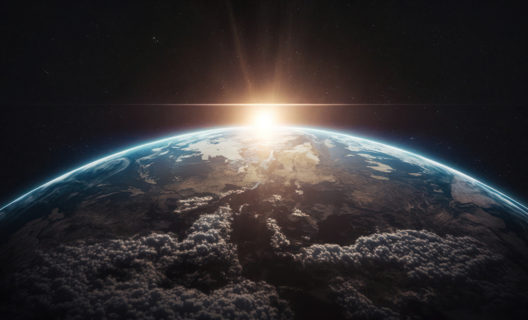 A view of Earth from space with the sun rising over the horizon. The planet is partially illuminated, revealing land masses and swirling clouds, set against the dark backdrop of space speckled with distant stars.